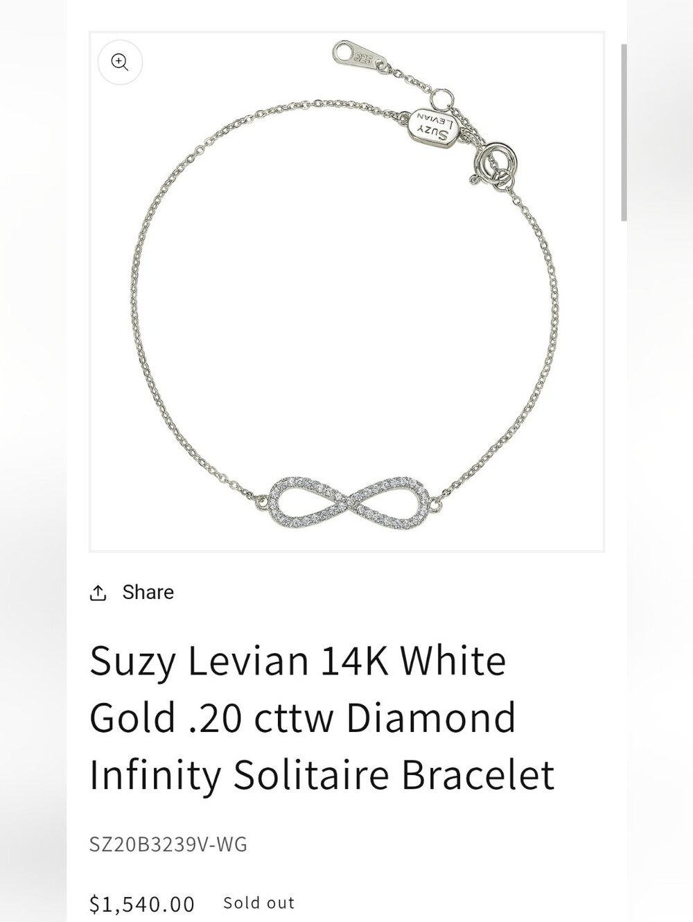 Suzy Levian 14K White Gold .20 cttw Diamond Infinity Solitaire Bracelet New